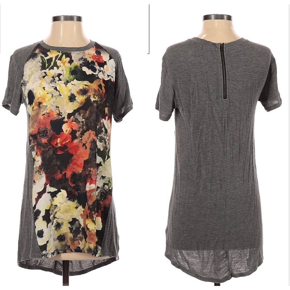 Womens Chloe K Floral Mixed Media Zipper Back Asymmetrical Top - Sz L - Picture 2 of 3